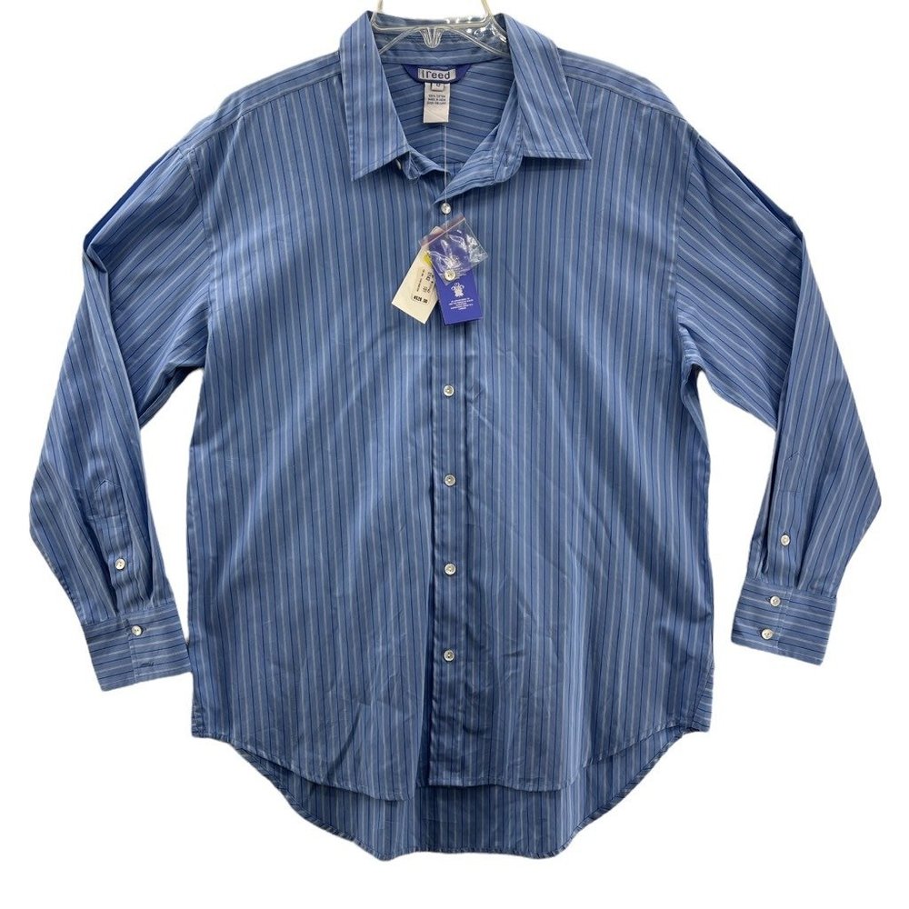 Reed Mens Button-Up Shirt Blue Striped Long Sleeve Spread Collar Cotton L New